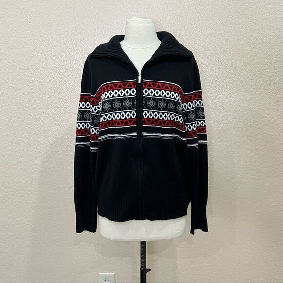 Josephine Chaus Fair Isle Full Zip Black Sweater Large - Picture 5 of 11